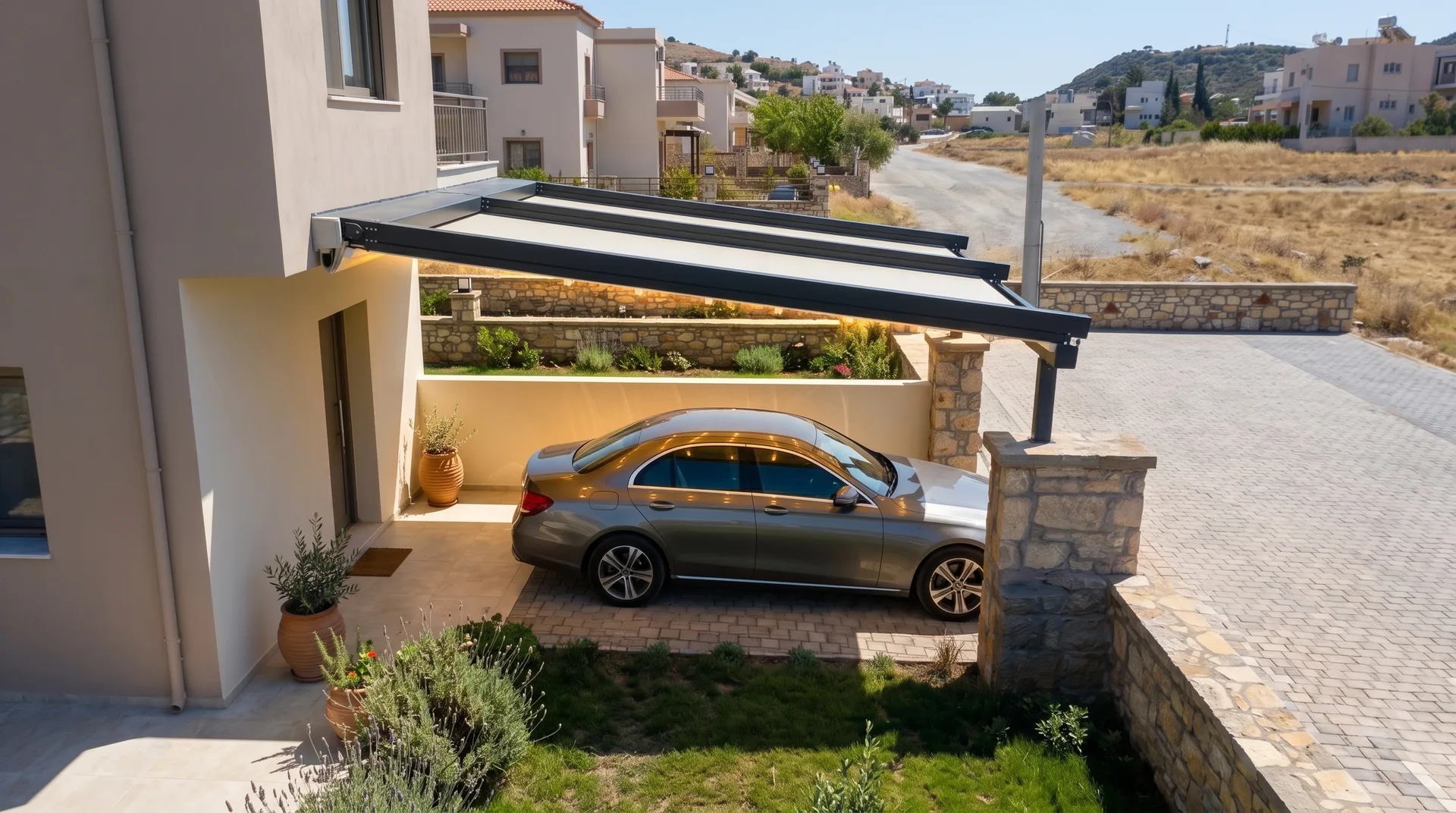 Araç park alanında pergola tente uygulaması, proje görünümü 4