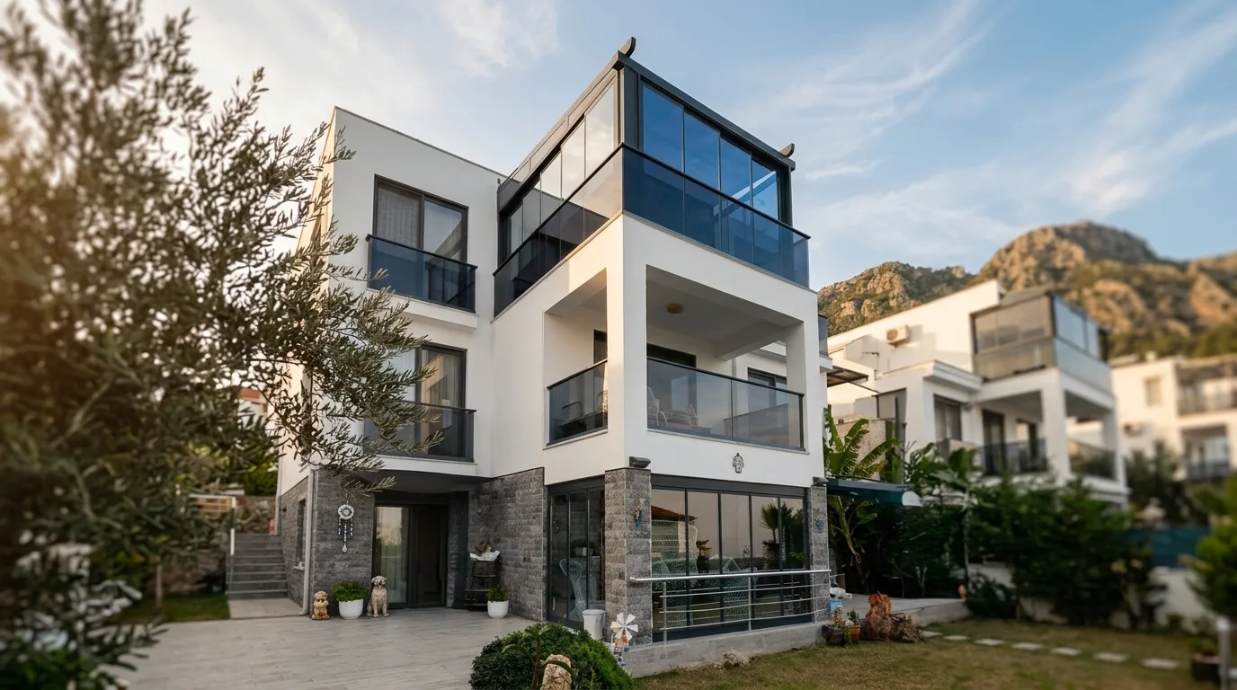 Pergola tente altında sürme cam sistemi uygulaması, proje görünümü 9