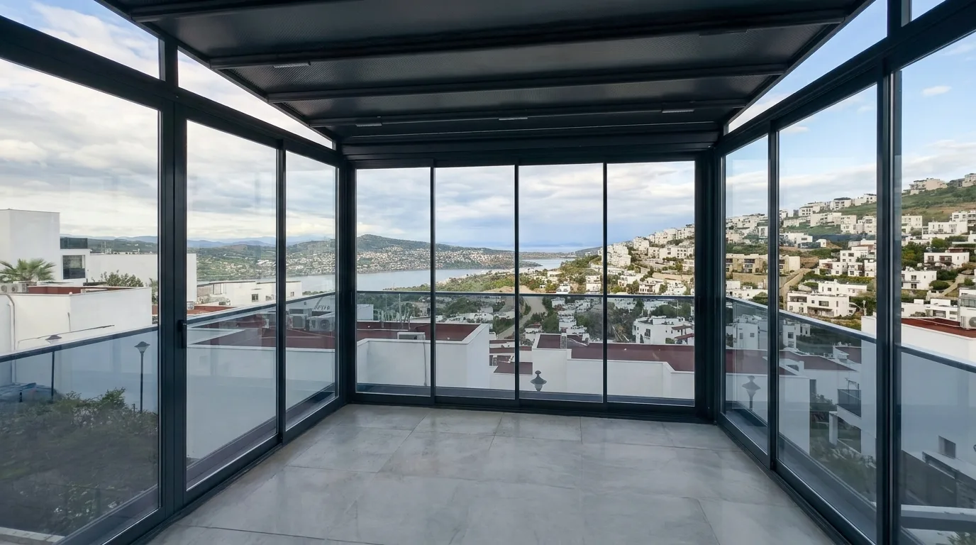 Pergola tente altında sürme cam sistemi uygulaması, proje görünümü 11