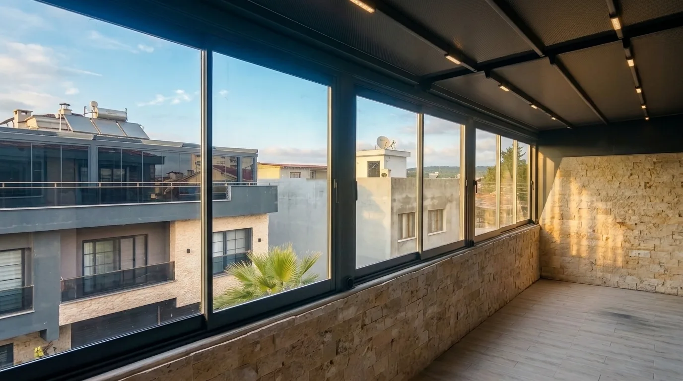 Pergola tente altında sürme cam sistemi uygulaması, proje görünümü 13