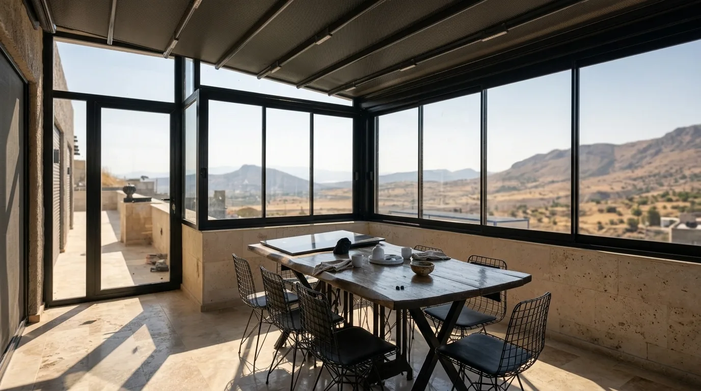 Pergola tente altında sürme cam sistemi uygulaması, proje görünümü 14